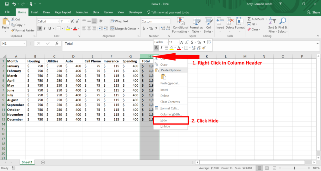 How To Hide And Unhide Columns In Excel German Pearls