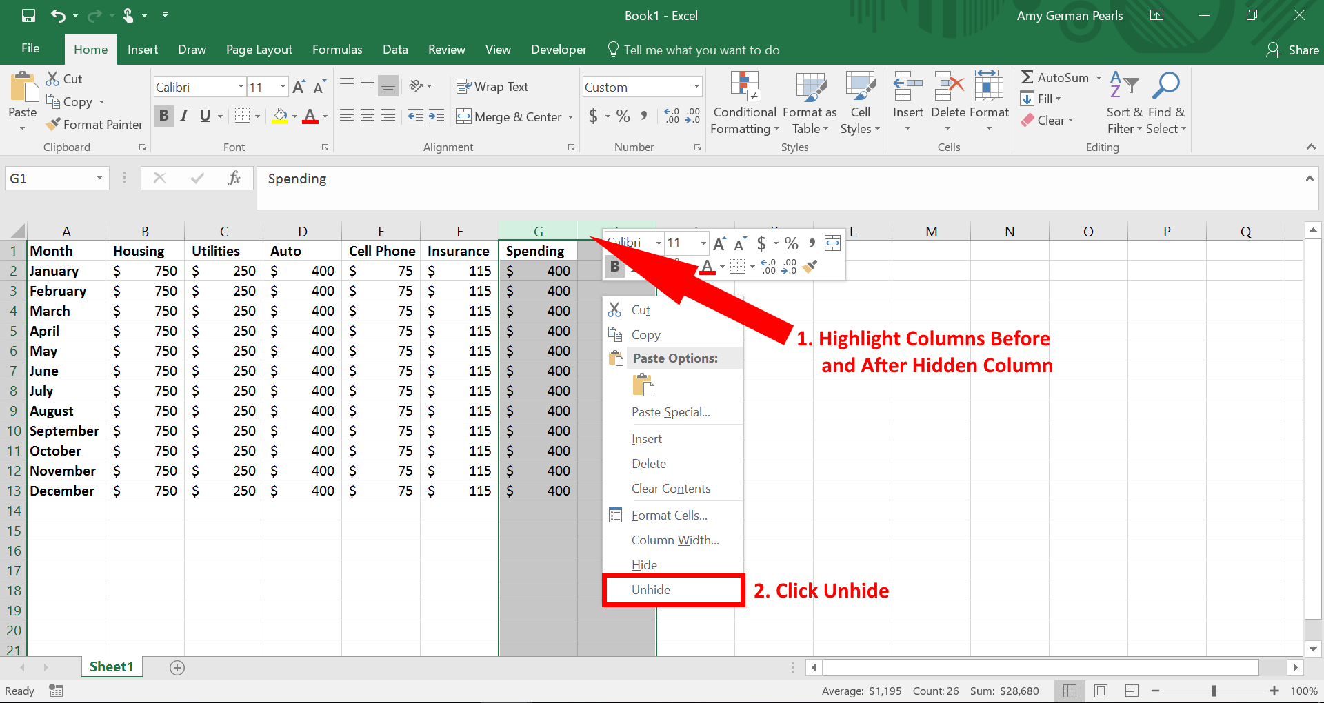 how can you unhide a column in excel 2016